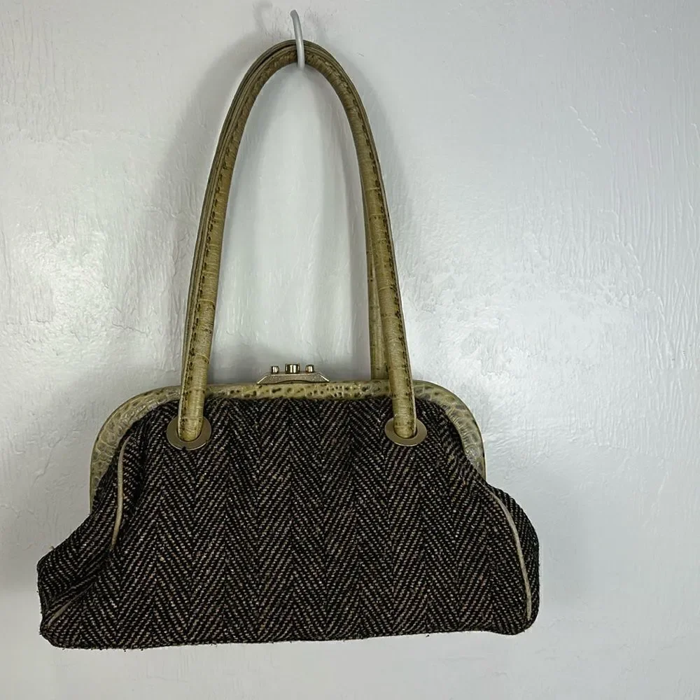 Ann Taylor Vintage Green Herringbone Print Handbag Shoulder Bag